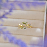Gold Leaf Ring Olive Green | Adjustable Nature-Inspired